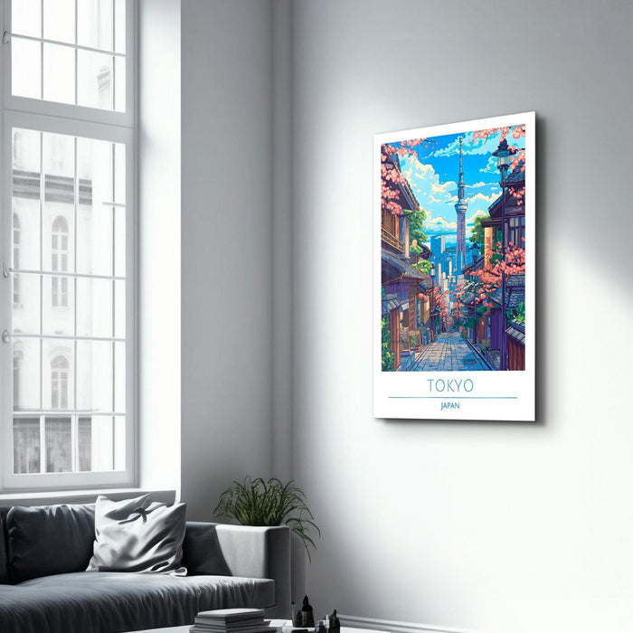 Glass wall art featuring Tokyo Japan travel posters by Artdesigna, showcasing vibrant cityscape imagery on clear glass.