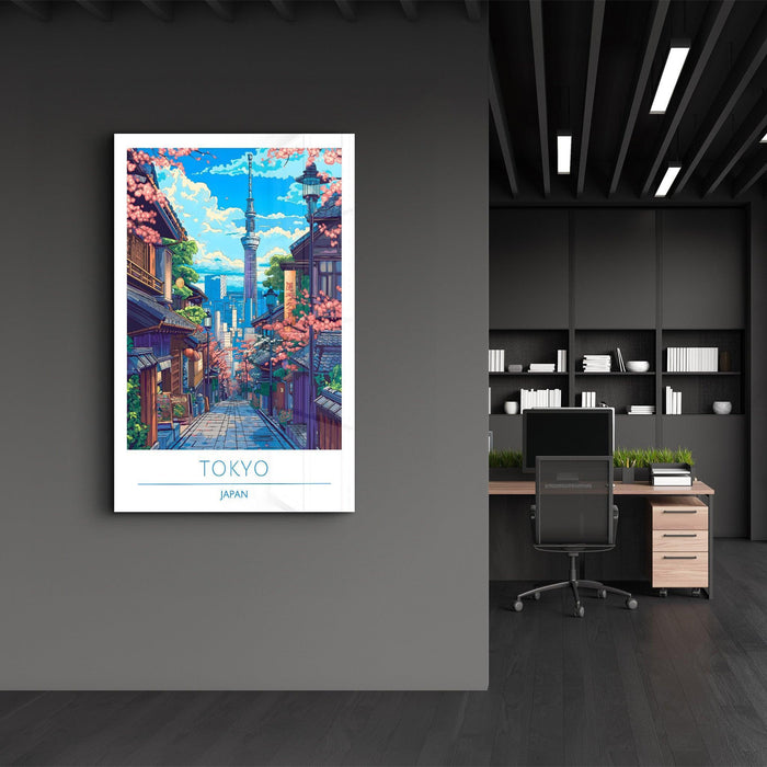 Artdesigna glass wall art featuring Tokyo Japan travel posters, showcasing vibrant cityscape and iconic landmarks in a stylish design.