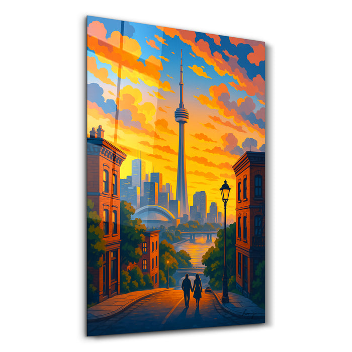 Toronto Skies glass wall art by HMZ, featuring a vibrant cityscape scene on clear glass, perfect for modern home decor.