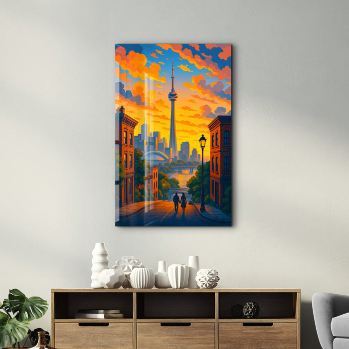 Toronto Skies glass wall art by HMZ, featuring a vibrant cityscape scene on clear glass, crafted by Artdesigna.