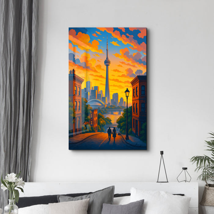 Toronto Skies glass wall art by HMZ featuring vibrant skyline imagery, designed for modern home or office decor.