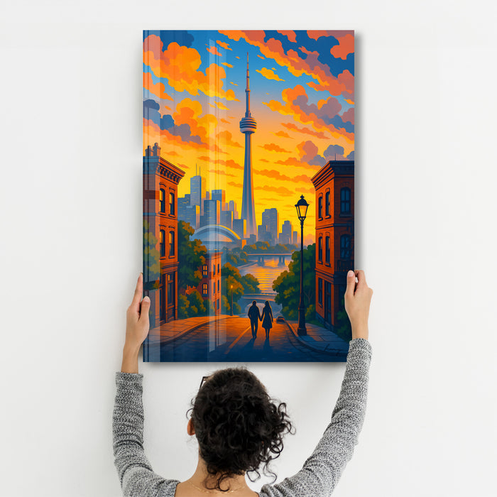 Toronto Skies glass wall art by HMZ, featuring vibrant cityscape imagery on clear framed glass wall decor.
