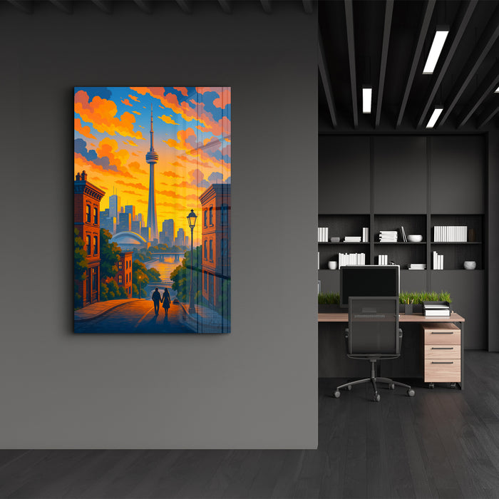 Toronto Skies glass wall art by HMZ, vibrant cityscape design in clear glass, perfect for modern interior decor.
