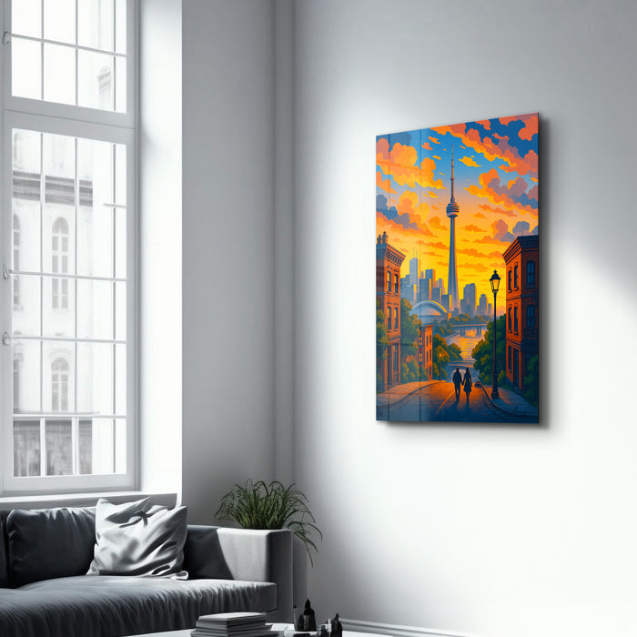 Toronto Skies glass wall art by HMZ, featuring a vibrant cityscape scene in a sleek, modern design for stylish home decor.
