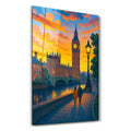 Glass wall art by HMZ depicting a twilight scene in London, with vibrant colors and cityscape details.
