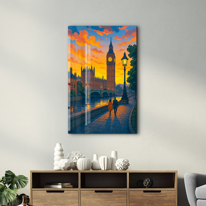 Glass wall art by Artdesigna depicting London's twilight scene, featuring a scenic view with vibrant colors and reflective glass surface.