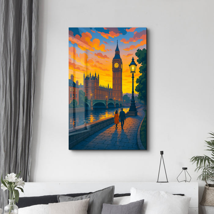 Glass wall art titled "Twilight in London" by HMZ, featuring a scenic twilight view of London's skyline on clear glass.