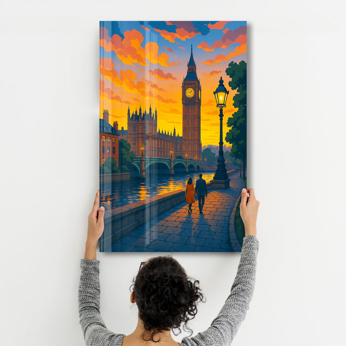 Glass wall art titled Twilight in London by HMZ, featuring a scenic London sunset scene, in a sleek 16x10 inch frame.