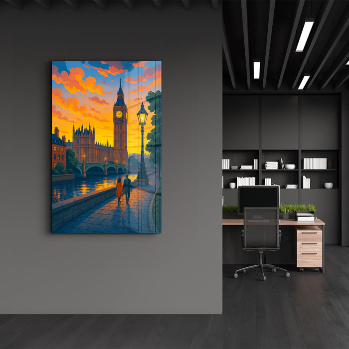 Glass wall art featuring a twilight London scene by HMZ, crafted by Artdesigna, showcasing a vibrant cityscape in glass.