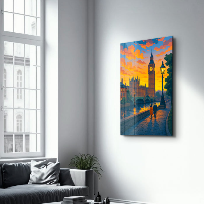 Glass wall art by HMZ titled "Twilight in London" depicting a scenic twilight view of London in a sleek glass artwork.