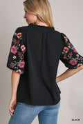 UMGEE Embroidery Puff Sleeve Top with Ruffle V-Notched & Drawstring
