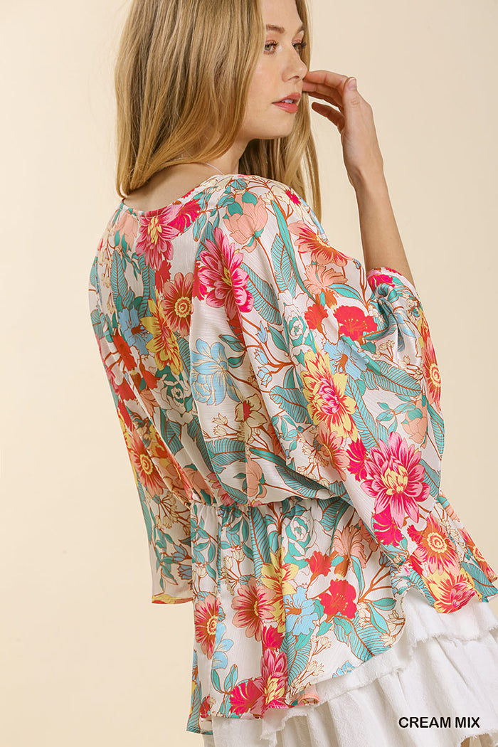 UMGEE Floral Print Pleated Round Neck Kimono Sleeve Top with Peplum Hem