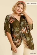 UMGEE Front/Back Reversible Floral Print Dolman Sleeve V-Neck Top with a Gathered Knot
