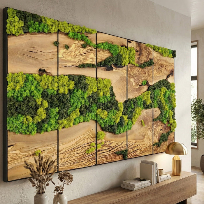 Wood wall art sculpture featuring a lush moss forest scene, designed by Artdesigna, showcasing natural textures and forest-inspired details.