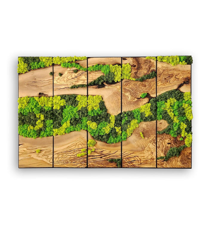 Wood wall art sculpture titled Unexplored Moss Forest by Artdesigna, featuring a textured moss forest scene on natural wood surface.