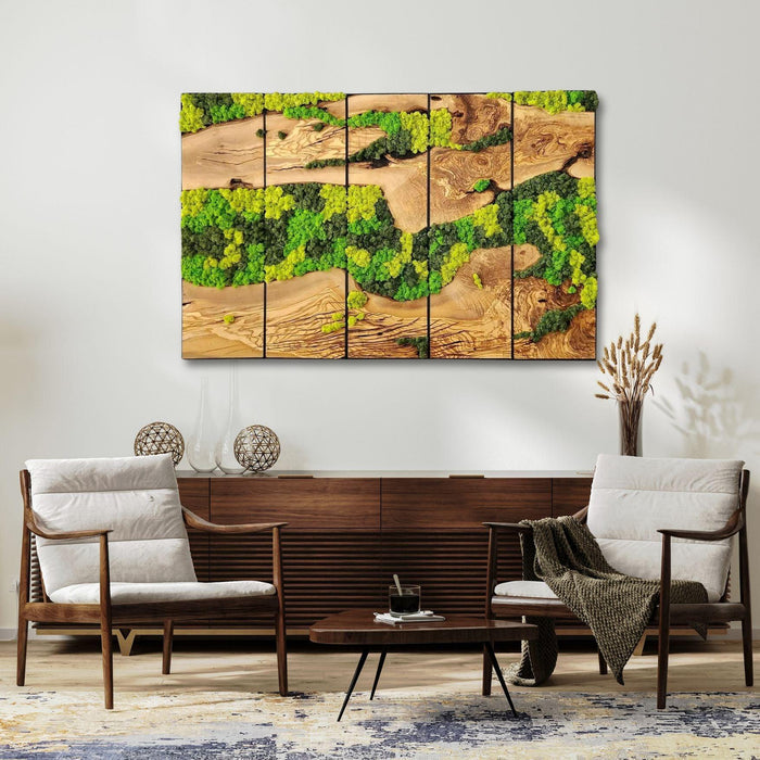 Beige and gray minimalist wood wall art sculpture featuring a moss forest design by Artdesigna for modern home decor.