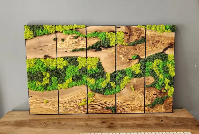 Wood wall art sculpture depicting a lush moss forest scene, designed by Artdesigna, ideal for natural-themed interior decor.