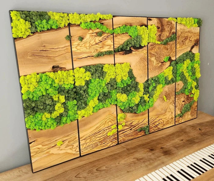 Wood wall art sculpture featuring a moss forest scene by Artdesigna, showcasing textured natural wood and lush green moss details.