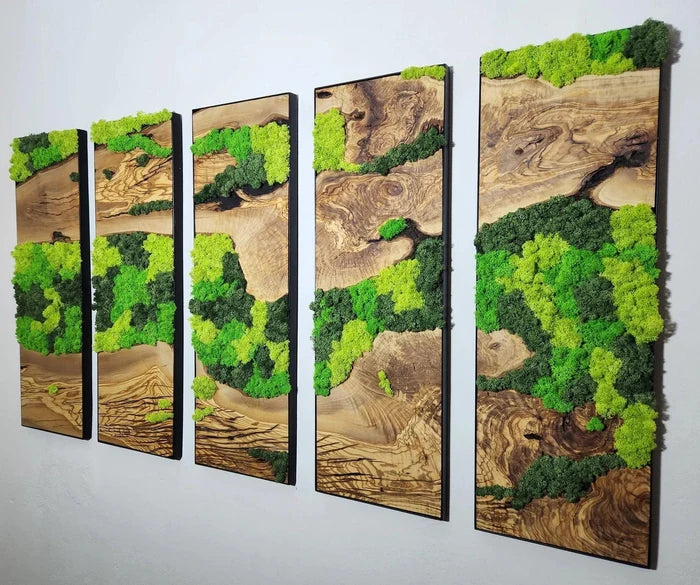 Unexplored Moss Forest wood wall art sculpture by Artdesigna featuring textured moss-like forest scene on wooden panel.