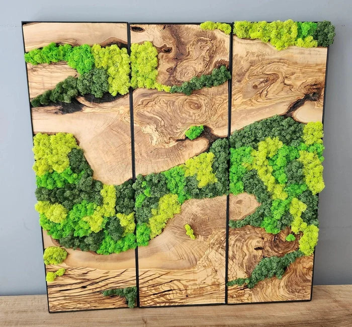 Wood wall art sculpture depicting a lush moss forest scene, crafted by Artdesigna for natural interior decor.