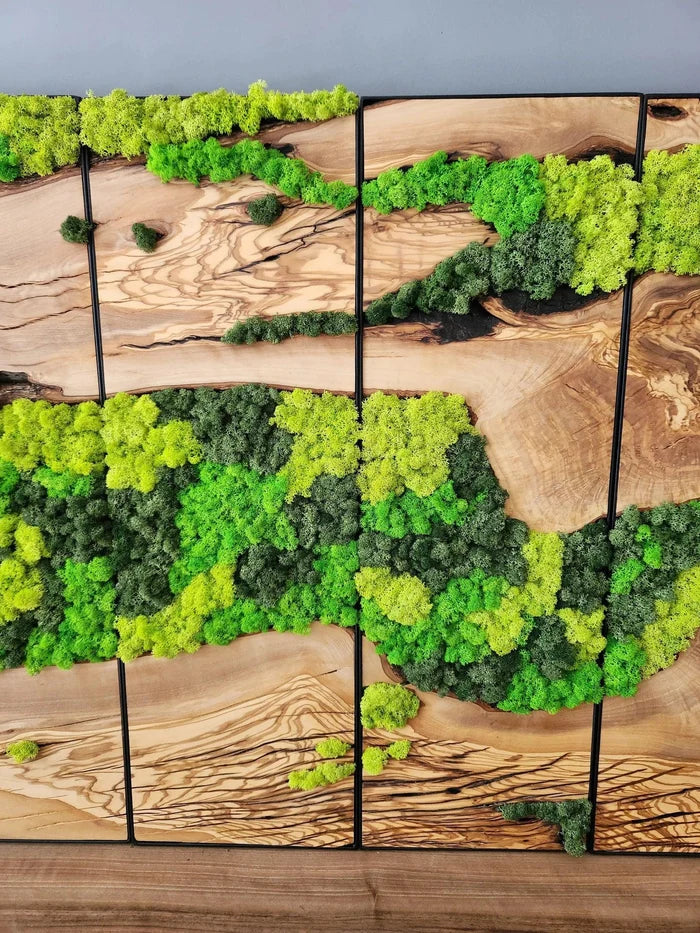 Wood wall art sculpture titled Unexplored Moss Forest by Artdesigna, featuring intricate moss-inspired forest design on natural wood.