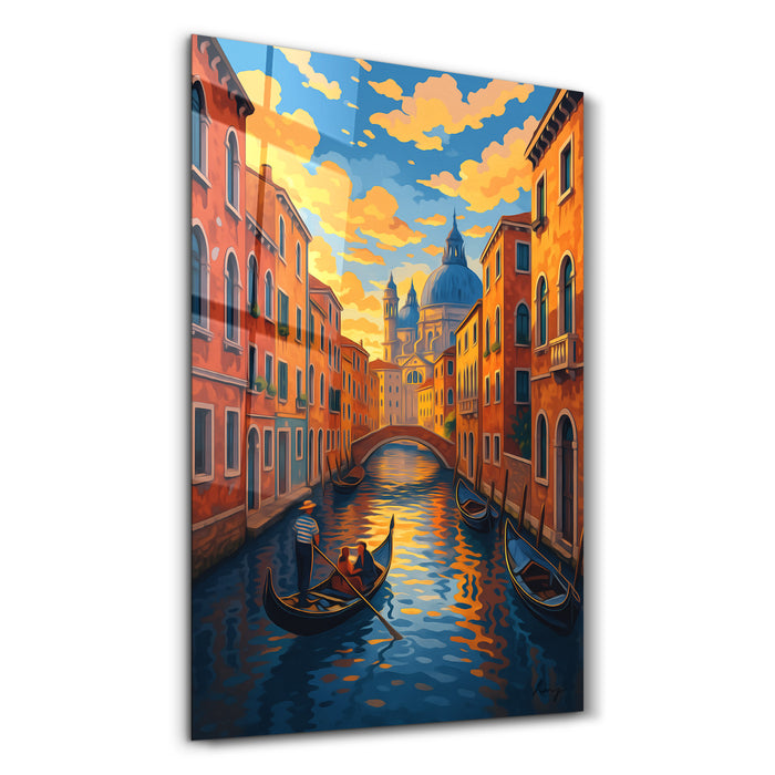 Venice Glow glass wall art by HMZ featuring vibrant cityscape design, crafted by Artdesigna, perfect for modern home decor.