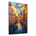 Venice Glow glass wall art by HMZ featuring vibrant cityscape design, crafted by Artdesigna, perfect for modern home decor.