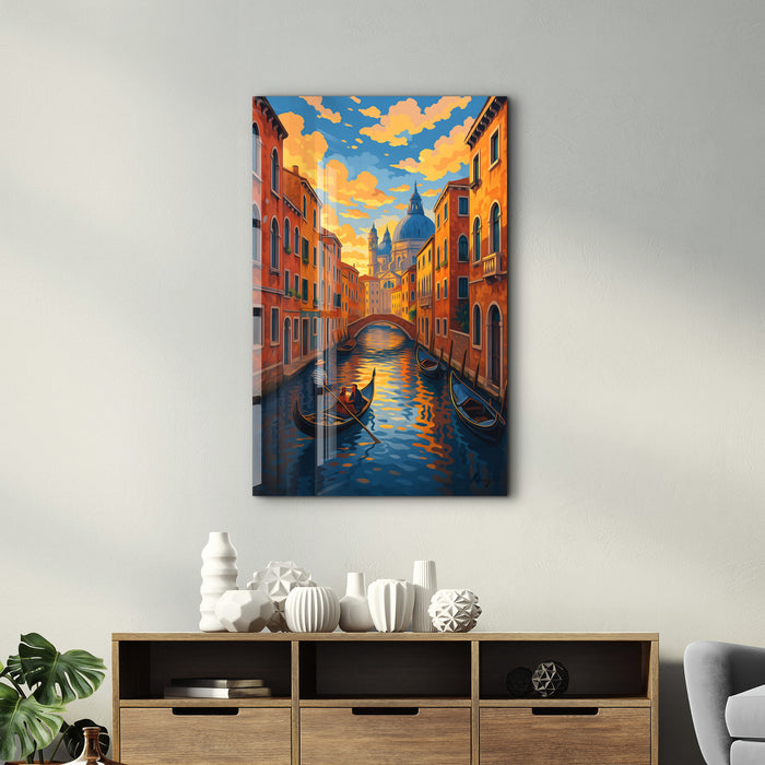 Venice Glow glass wall art by HMZ featuring vibrant Venice cityscape scene, designed by Artdesigna, perfect for modern wall decor.