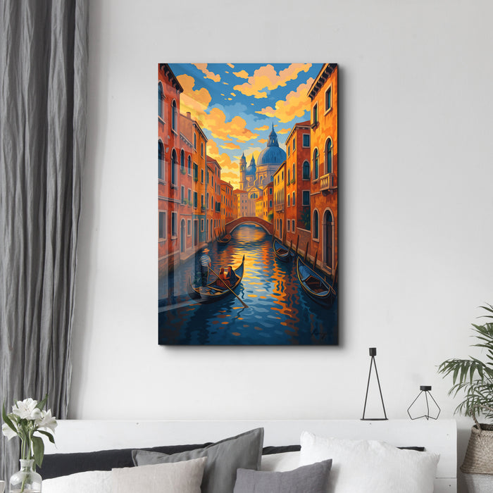 Venice Glow glass wall art by HMZ, featuring vibrant glass artwork of Venice cityscape, mounted on a wall.