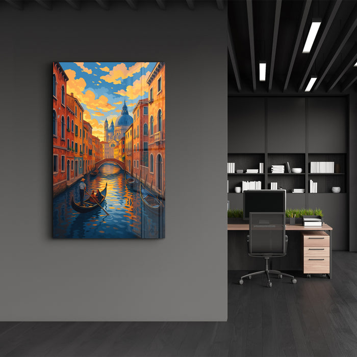 Venice Glow glass wall art by HMZ, featuring vibrant, illuminated glass artwork of Venice cityscape, designed by Artdesigna.