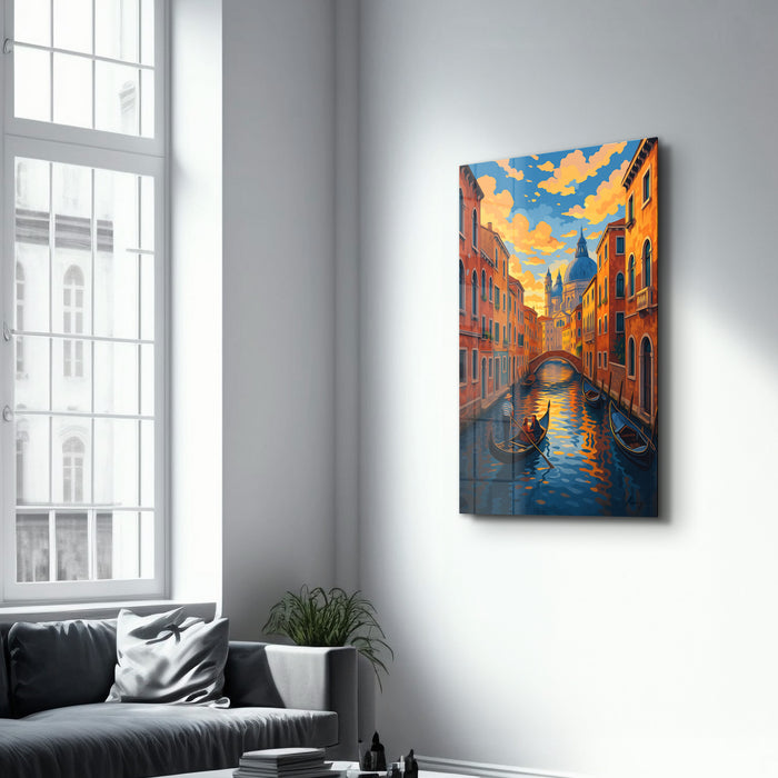 Venice Glow glass wall art by HMZ featuring vibrant, illuminated cityscape design in sleek glass for modern wall decor.