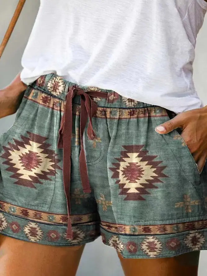 Western Aztec Print Drawstring Shorts