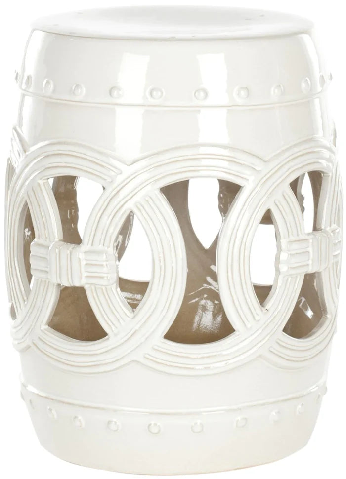 White Ceramic Garden Stool With Linked Coin Motif - Garden Stools & Benches -  The Well Appointed House