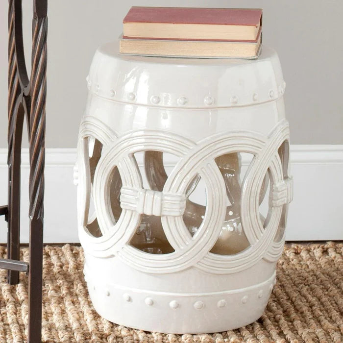 White Ceramic Garden Stool With Linked Coin Motif - Garden Stools & Benches -  The Well Appointed House