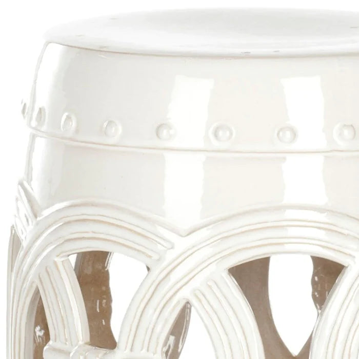 White Ceramic Garden Stool With Linked Coin Motif - Garden Stools & Benches -  The Well Appointed House
