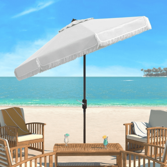 White Outdoor Crank Patio Umbrella With White Fringe - Outdoor Umbrellas - The Well Appointed House