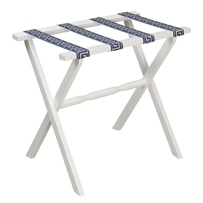 White Straight Leg Wood Luggage Rack with 4 White & Navy Blue Greek Key Straps - The Well Appointed House