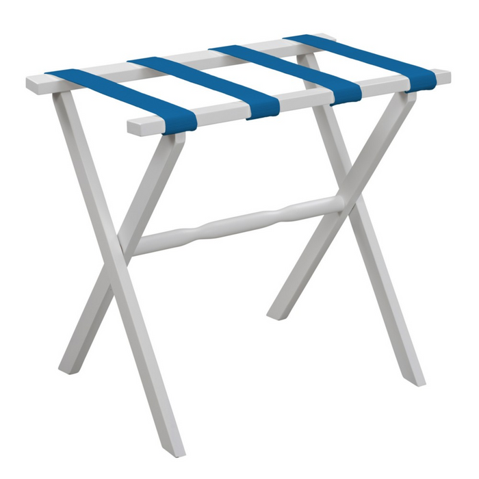 White Straight Leg Wood Luggage Rack with 4 Nylon Straps - End of Bed - The Well Appointed House