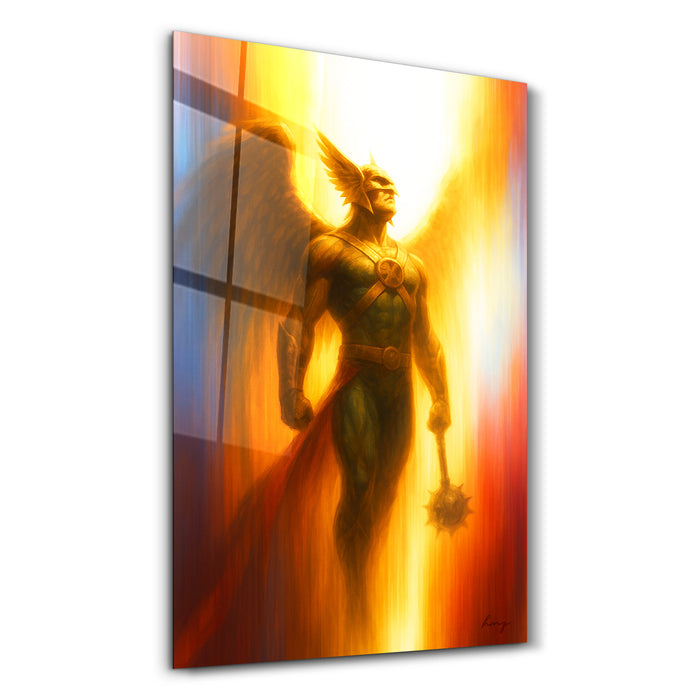 Glass wall art titled Wings of Vengeance by HMZ, featuring a striking design on clear glass, perfect for modern home decor.