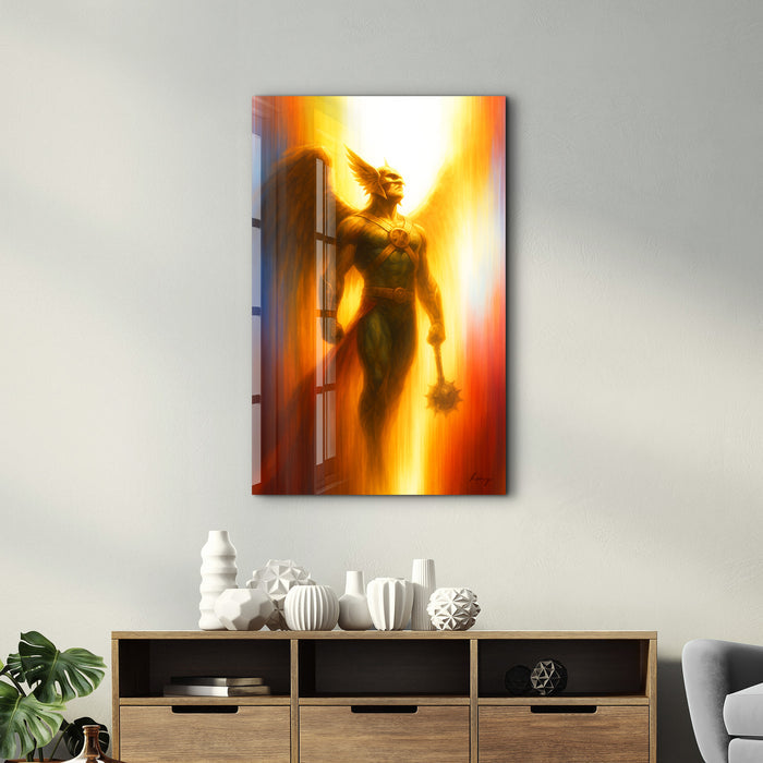 Glass wall art titled Wings of Vengeance by HMZ, featuring striking design on clear glass panel for modern decor.