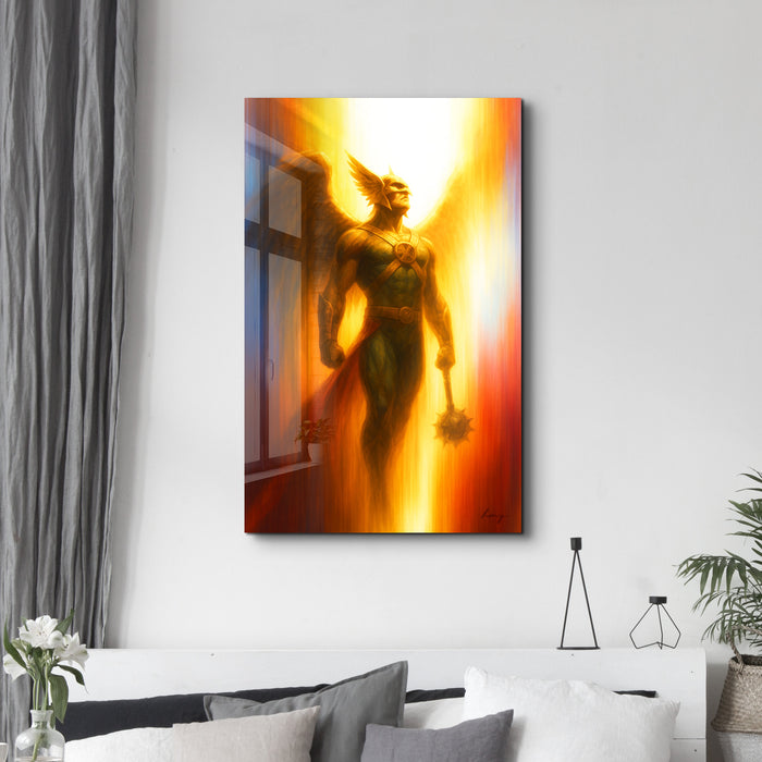 Glass wall art titled Wings of Vengeance by HMZ, featuring a striking design in a sleek glass panel.