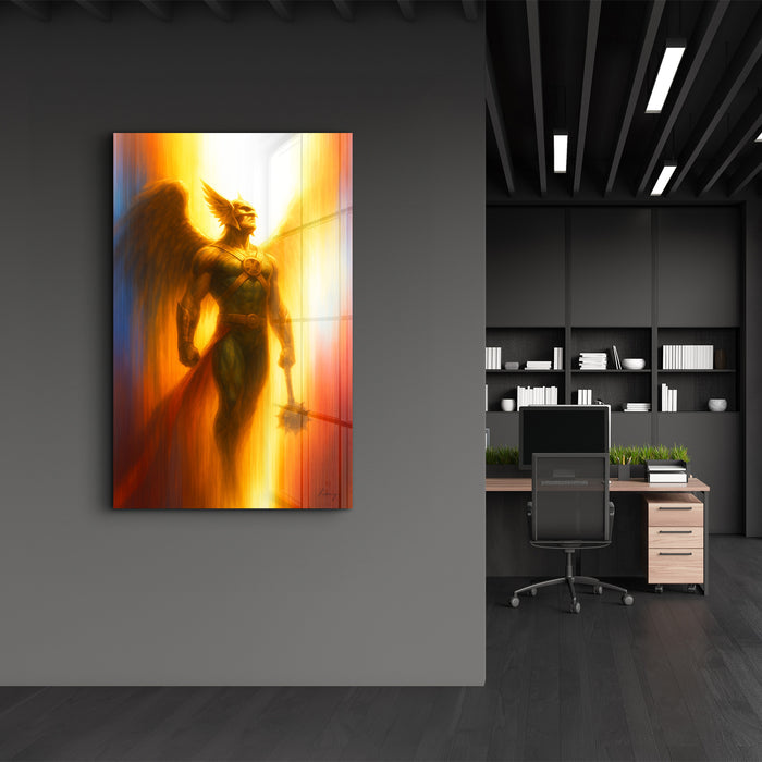 Glass wall art titled Wings of Vengeance by HMZ, featuring intricate design on textured glass panel, by Artdesigna.