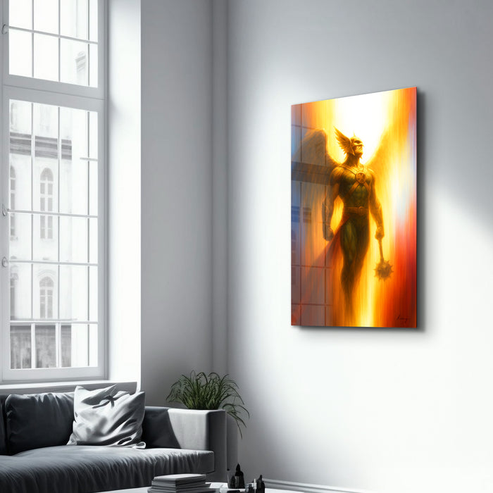 Glass wall art titled Wings of Vengeance by HMZ, featuring intricate design in a sleek 16x10 inch frame by Artdesigna.