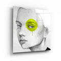 Yellow eye glass wall art by Artdesigna featuring a vibrant, abstract eye design on clear glass wall decor.