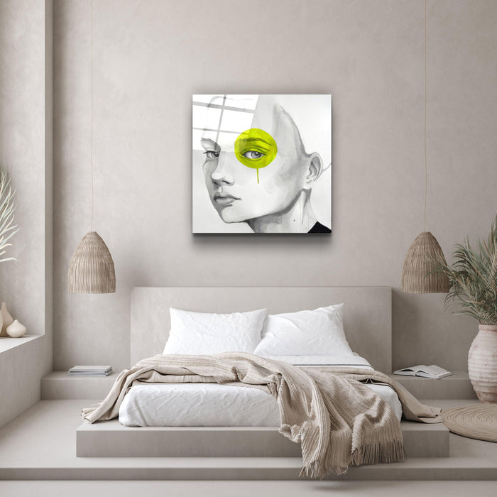 Yellow eye glass wall art by Artdesigna, featuring a vibrant, abstract design perfect for modern wall decor.