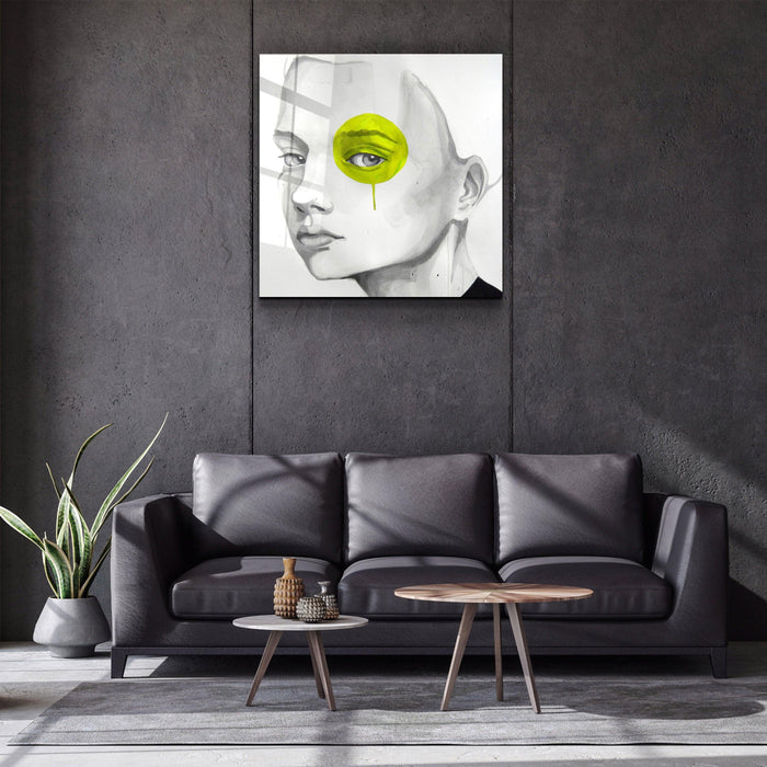 Yellow eye glass wall art by Artdesigna featuring a vibrant, abstract design suitable for modern interior decor.