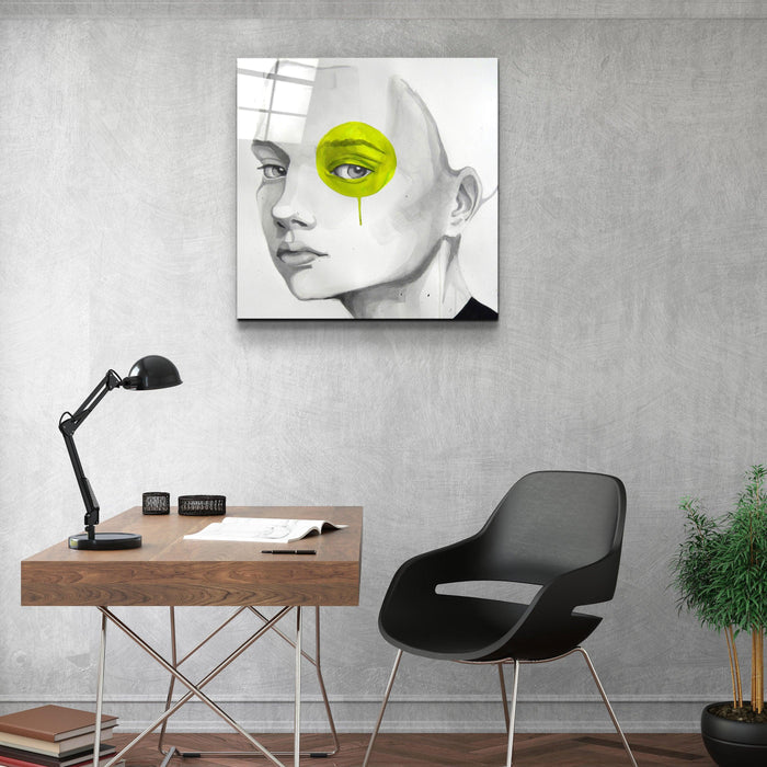Yellow Eye glass wall art by Artdesigna featuring a vibrant yellow eye design on clear glass surface.