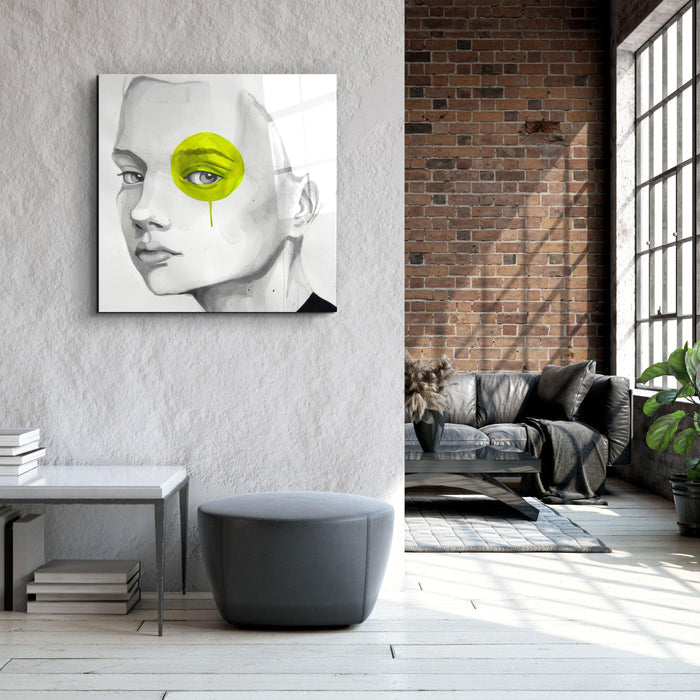 Yellow eye glass wall art by Artdesigna featuring a vibrant, abstract design perfect for modern interior decor.