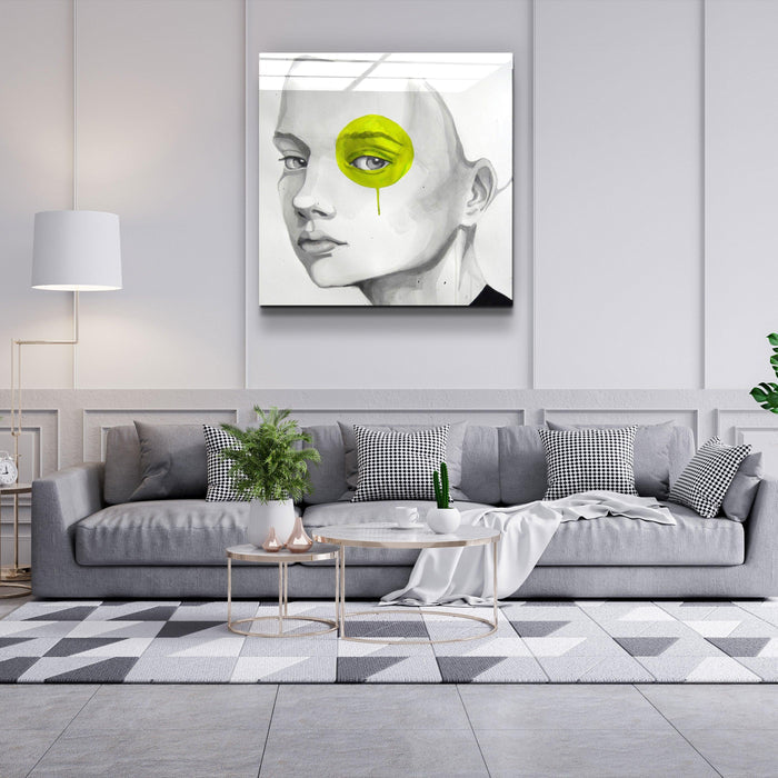 Yellow eye glass wall art by Artdesigna featuring a vibrant, abstract design on clear glass for modern wall decor.