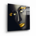 Yellow lips and eyes glass wall art by Artdesigna featuring vibrant yellow facial features on clear glass.